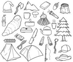 conjunto do desenhado à mão rabisco ilustrações acampamento vetor