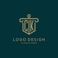ck monograma inicial logotipo Projeto com escudo e pilar forma estilo vetor