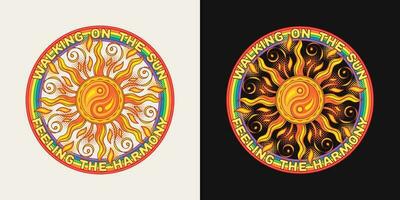 circular rótulo com sol, ying yang símbolo, arco-íris, texto. conceito do harmonia e equilíbrio. legal, hippie estilo. para roupas, vestuário, Camisetas, superfície decoração vetor