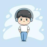 fofa feliz Garoto com fone de ouvido ouvindo música kawaii chibi plano esboço desenho animado personagem vetor