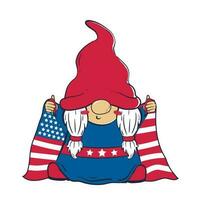 fofa patriótico duende menina segurando grande americano bandeira para nos independência dia vetor