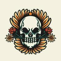 crânio e flores tatuagem retro vetor ilustração