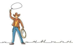 única linha contínua desenhando cowboy ocidental em pé e jogando laço e elementos do oeste selvagem. homem com chapéu de cowboy e laço no deserto. ilustração em vetor design gráfico de desenho gráfico de uma linha dinâmica