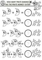 Preto e branco quão muitos pirata bananas jogo. linha tropical fruta matemática Adição atividade para pré escola crianças. simples Tesouro ilha caçar imprimível contando coloração página para crianças vetor