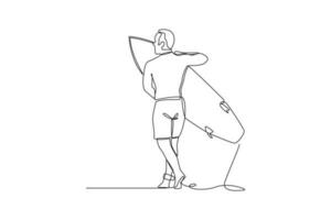 solteiro 1 linha desenhando feliz Garoto jogando surfar em a de praia dentro verão feriado. verão de praia conceito. contínuo linha desenhar Projeto gráfico vetor ilustração.