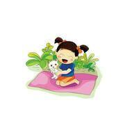 fofa pequeno menina sentado e segurando gato, desenho animado plano vetor ilustração isolado