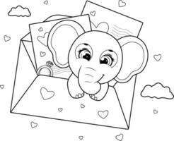 coloração página. elefante dentro a envelope casar mim com amor cartas e uma diamante anel vetor