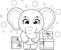 coloração página. alegre desenho animado elefante com presentes vetor