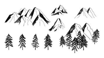 mão desenhado vetor montanha e árvores esboço clipart.