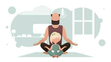 uma homem com uma pequeno menina estão sentado meditando dentro a lótus posição. meditação. desenho animado estilo. vetor