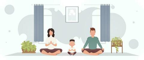 uma homem e uma mulher com uma pequeno Garoto estão sentado dentro uma lótus posição dentro uma sala. ioga. desenho animado estilo. vetor