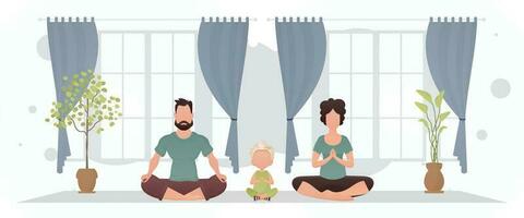 uma marido, esposa e filha estão meditando dentro uma sala. meditação. desenho animado estilo. vetor