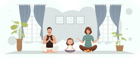 marido com esposa e filha estão sentado dentro a lótus posição dentro a sala. ioga. desenho animado estilo. vetor