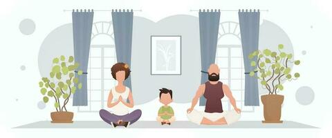 marido e esposa com a adorável bebê estão meditando dentro a sala. meditação. desenho animado estilo. vetor