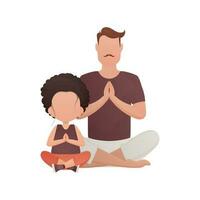 Papai e filha estão sentado fazendo meditação. isolado. desenho animado estilo. vetor