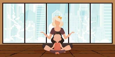 mãe e filha estão meditando junto. Projeto dentro desenho animado estilo. vetor ilustração.