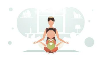 mãe e filho estão sentado meditando dentro a lótus posição. meditação. desenho animado estilo. vetor