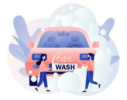 transporte é limpar. carro lavar serviço. minúsculo pessoas lavando automóvel com água e espuma. moderno plano desenho animado estilo. vetor ilustração em branco fundo