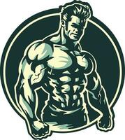 uma Academia e ginástica logotipo com homem com uma grande bíceps em dele peito vetor