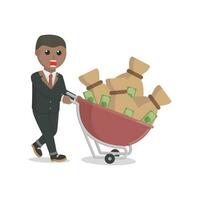 homem de negocios africano escolher acima a dinheiro com carrinho Projeto personagem em branco fundo vetor