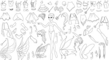 fada criatura coloração página papel boneca com fofa desenho animado personagem, asas roupas, penteados, sapatos e varinhas. vetor ilustração