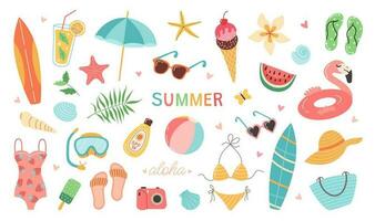 conjunto do verão adesivos. ícones para tropical período de férias. sazonal elementos coleção. flamingos, gelo creme, abacaxi, trópico folhas, coquetéis, plumeria, melancia, prancha de surfe, de praia acessórios. vetor