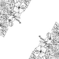 mão desenhado vetor tinta exótico monstera folhas e hibisco flores quadrado fronteira quadro. isolado em branco fundo. Projeto parede arte, casamento, imprimir, tecido, cobrir, cartão, turismo, viagem livreto.