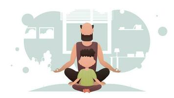 Papai e filho estão sentado meditando dentro a sala. meditação. desenho animado estilo. vetor