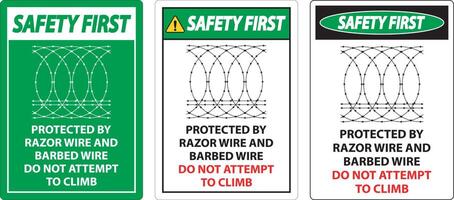 segurança primeiro protegido de navalha fio e farpado arame, Faz não escalar placa vetor