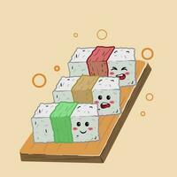 conjunto fofa Sushi onigiri dentro kawaii estilo com sorridente rostos. japonês tradicional cozinha pratos. pode estar usava para camiseta imprimir, adesivo, cumprimento cartão, cardápio Projeto. vetor