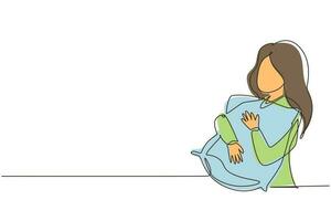 único desenho de uma linha jovem travesseiro abraços feminino. garota cansada, abraçando o travesseiro. mulher de pijama abraçando travesseiro. doce sonho ou conceito de sono. ilustração em vetor gráfico de desenho de linha contínua