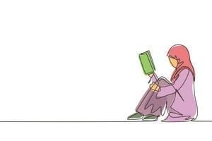 única linha contínua desenhando jovem árabe sentada no chão, lendo o livro. lendo, estudando. menina adora ler literatura. educação, conceito de biblioteca. ilustração vetorial de design de desenho de uma linha vetor