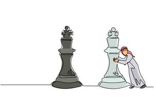 contínuo um desenho de linha empresário árabe empurrar enorme peça de xadrez rei. estratégia de negócios e plano de marketing. movimento estratégico no conceito de negócio. ilustração gráfica de vetor de desenho de linha única
