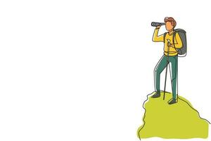 único homem de desenho de linha trekking na montanha. jovem macho viajando nas montanhas, de pé em cima, olhando em binóculos. turista ao ar livre. ilustração em vetor gráfico de desenho de linha contínua