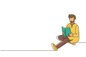 único desenho de linha contínua estudante árabe inteligente se preparando para o exame em casa. jovem estudando e lendo o livro. leitor masculino sentado no chão, aprendendo. ilustração vetorial de design de desenho de uma linha vetor