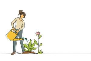 uma única linha desenhando uma linda jovem ou jardineiro cuidando do jardim doméstico, regando as plantas de casa que crescem em estufa com regador. ilustração em vetor gráfico de desenho de linha contínua