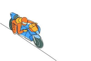 único motociclista de desenho de linha usando capacete, andando de moto na estrada de asfalto. jovem de macacão de piloto e capacete sentado na bicicleta esportiva. ilustração em vetor gráfico de desenho de linha contínua