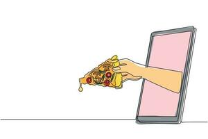 única mão de desenho de uma linha segurando a fatia de pizza através do telefone celular. conceito de comida on-line de entrega de pedidos de restaurante. aplicativo para smartphones. ilustração em vetor design de desenho de linha contínua