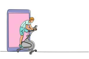 homem de desenho contínuo de uma linha andando de bicicleta estacionária e smartphone. bicicleta estacionária. homens de esportes de bicicleta estática na academia, esportes e saúde, fitness. ilustração vetorial de desenho de linha única vetor