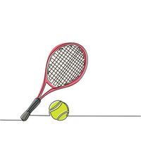 raquete de tênis de desenho contínuo de uma linha e equipamento de bola para jogo de competição. torneio de tênis esportivo e cartazes de campeonato. atividade saudável. ilustração vetorial de desenho de linha única vetor