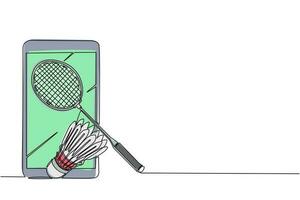 smartphone de desenho contínuo de uma linha, raquete de badminton e peteca. equipamentos para esporte de jogo de badminton isolado no fundo em design plano. ilustração gráfica de vetor de desenho de linha única