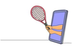 uma mão de jogador de desenho de linha contínua segura a raquete de tênis através do telefone celular. smartphone com aplicativo de jogos de tênis. campeonato de transmissão de esportes móveis. ilustração vetorial de desenho de linha única vetor
