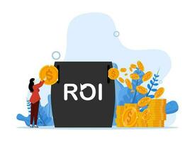 roi, mulheres investir moedas dentro roi caixa para pegue lucro voltar. Retorna em investimento custo desempenho a medida investido e lucro eficiência, marketing custo para ganhar campanha sucesso conceito vetor