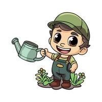 feliz masculino agricultor com uma rega pode personagem ilustração dentro rabisco estilo vetor