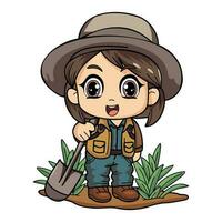 feliz fêmea agricultor trabalhando Difícil personagem ilustração dentro rabisco estilo vetor