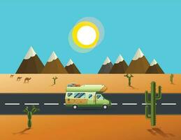 viajante caminhão dirigindo em a estrada para deserto e paisagem montanhosa vetor