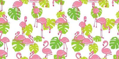 flamingo desatado padronizar vetor Rosa flamingos exótico pássaro monstera folha tropical verão cachecol isolado telha fundo repetir papel de parede desenho animado ilustração