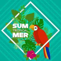 banner tropical de verão com arara e folhas vetor