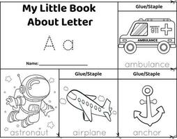lógico imprimível planilha alfabeto começando sons giro livro dentro Preto e carta branca uma. vestígio palavras para fotos. astronauta, ambulância, avião, e âncora vetor