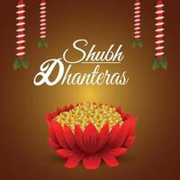 Festival indiano de celebração de shubh dhanteras com flor de lótus moeda de ouro no fundo criativo vetor